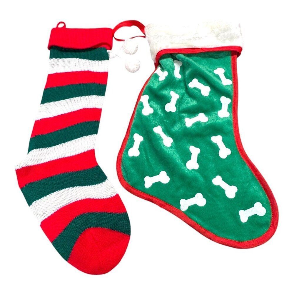 Christmas Dog & Knit Lot of 2 Stocking Set With Bone & Striped Designs Cat Puppy